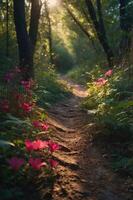 A serene forest path lined with vibrant pink flowers, inviting exploration and tranquility. photo