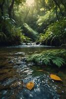 A serene forest scene with a stream, lush greenery, and gentle sunlight filtering through. photo