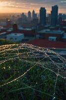 A close-up of a dew-covered spider web with a city skyline in the background at sunrise. photo