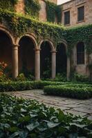 A serene courtyard with stone arches, lush greenery, and a tranquil atmosphere. photo
