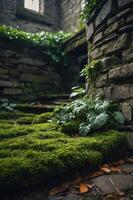 A serene, moss-covered pathway in a stone structure, surrounded by greenery. photo