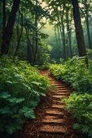 A serene forest path surrounded by lush greenery and soft light filtering through the trees. photo