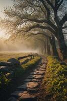 A serene pathway through a misty landscape with trees and stone walkways at sunrise. photo