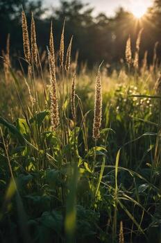 A serene field with tall grass and sunlight filtering through, creating a tranquil atmosphere. photo