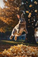 A rabbit leaps joyfully above a mound of popcorn in a vibrant autumn setting. photo