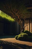 A serene indoor space featuring a unique tree and lush greenery. photo
