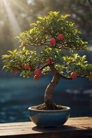 A bonsai tree with red fruits in a serene setting, showcasing nature's beauty and tranquility. photo