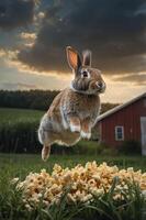 A rabbit leaps over a pile of popcorn in a scenic farm setting at sunset. photo
