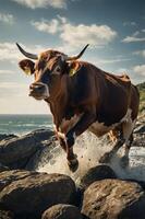 A cow leaps over rocks near the ocean, creating splashes in a dynamic, natural setting. photo