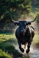 A black bull running through water, creating a misty atmosphere in a rural setting. photo