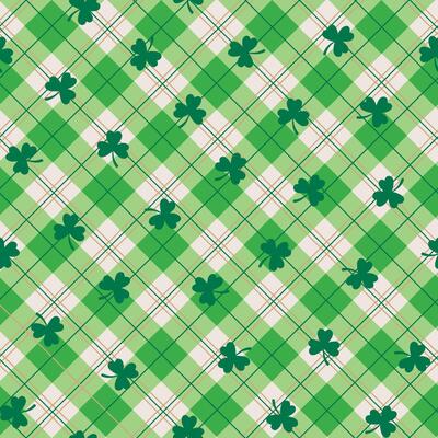 Seamless Saint Patrick With Shamrock Leaves On Plaid Pattern