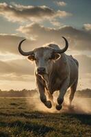 A powerful bull leaps through a field at sunset, showcasing strength and vitality. photo