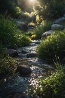 A serene stream flows through lush greenery, illuminated by soft sunlight. photo
