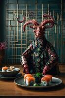 A fantastical creature serves sushi in an elegant setting, blending culinary art with fantasy. photo