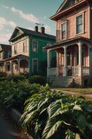 A row of colorful Victorian-style houses with lush greenery in the foreground. photo