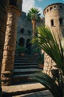 A serene courtyard with stone architecture, palm trees, and steps leading upward. photo