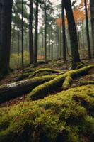 A serene forest scene with moss-covered ground and tall trees, evoking tranquility. photo