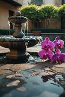 A serene courtyard scene featuring a fountain and vibrant orchids. photo