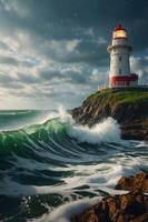 A lighthouse stands on a rocky coast, surrounded by crashing waves under a dramatic sky. photo