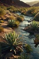 A serene stream flows through a desert landscape adorned with lush agave plants. photo
