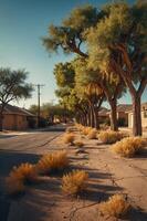 A serene street lined with trees and dry vegetation under a clear sky. photo