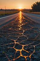 A sunset view along a cracked road, highlighting textures and warm colors. photo