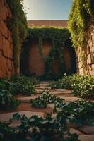 A serene pathway lined with ivy, leading through stone walls into a tranquil space. photo