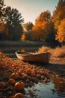 A serene autumn scene with a boat by a river surrounded by pumpkins and colorful foliage. photo