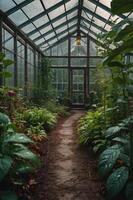 A lush greenhouse with a pathway surrounded by various plants and greenery. photo