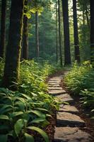 A serene forest path winding through lush greenery and tall trees, inviting exploration. photo