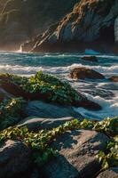 A serene coastal scene with waves crashing against rocky cliffs and lush greenery. photo