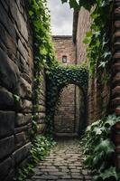 A narrow, ivy-covered alleyway with brick walls leading to an archway. photo