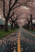 A serene road lined with cherry blossom trees, creating a picturesque spring scene. photo