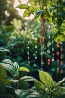 A close-up of vibrant, colorful hanging decorations amidst lush green foliage. photo