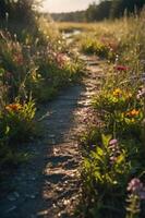 A serene pathway through a blooming field, illuminated by soft sunlight. photo