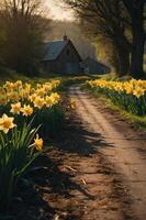 A serene dirt path lined with blooming daffodils leading to rustic buildings in nature. photo