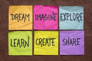 dream, imagine, explore, learn, create, share - reminder notes photo