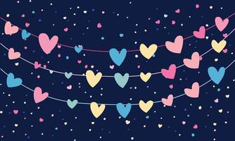 illustration of flat design, dark background with a cute hearts garland, pastel color palette, cute style, pastel colors, flat graphic design, simple minimalistic design vector