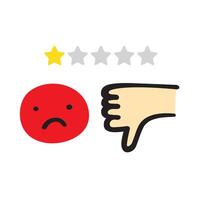Bad customer experience. One star rating review. Unhappy red face. Flat design. Illustration on white background. vector