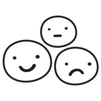 Three faces with different emotions. Sad, happy, neutral. Outline illustration on white background. vector
