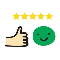 Good customer experience. Five star rating review. Happy green face. Flat design. Illustration on white background. vector