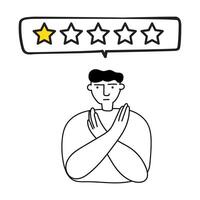 Negative review. The young man received poor service delivery. Outline illustration on white background. vector