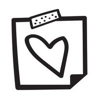 The heart on the note. Isolated outline icon. Black color. Hand drawn illustration on white background. vector