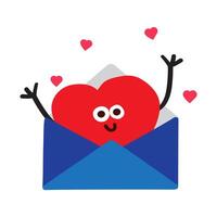 A cute heart is waving from the envelope. Valentine's card. Flat hand drawn design. Illustration on white background. vector