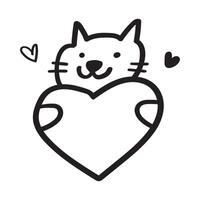 A cute cat holds a heart. Valentine's Day design. hand drawn outline illustration on white background. vector