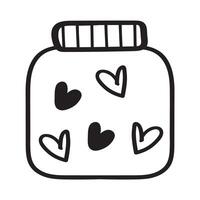 Jar full of hearts inside. Isolated outline icon. Black color. Hand drawn illustration on white background. vector