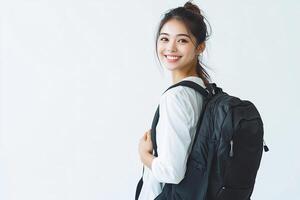 A woman with a backpack standing in front of a white background photo