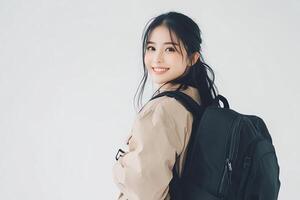 A woman with a backpack standing in front of a white background photo