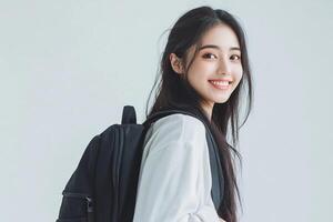 A young woman with a backpack smiling photo