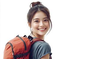 A woman with a backpack smiling photo